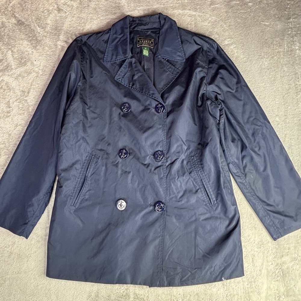 Ralph Lauren Peacoat Women M Navy Blue Nautical Anchor Button Nylon Trench Coat